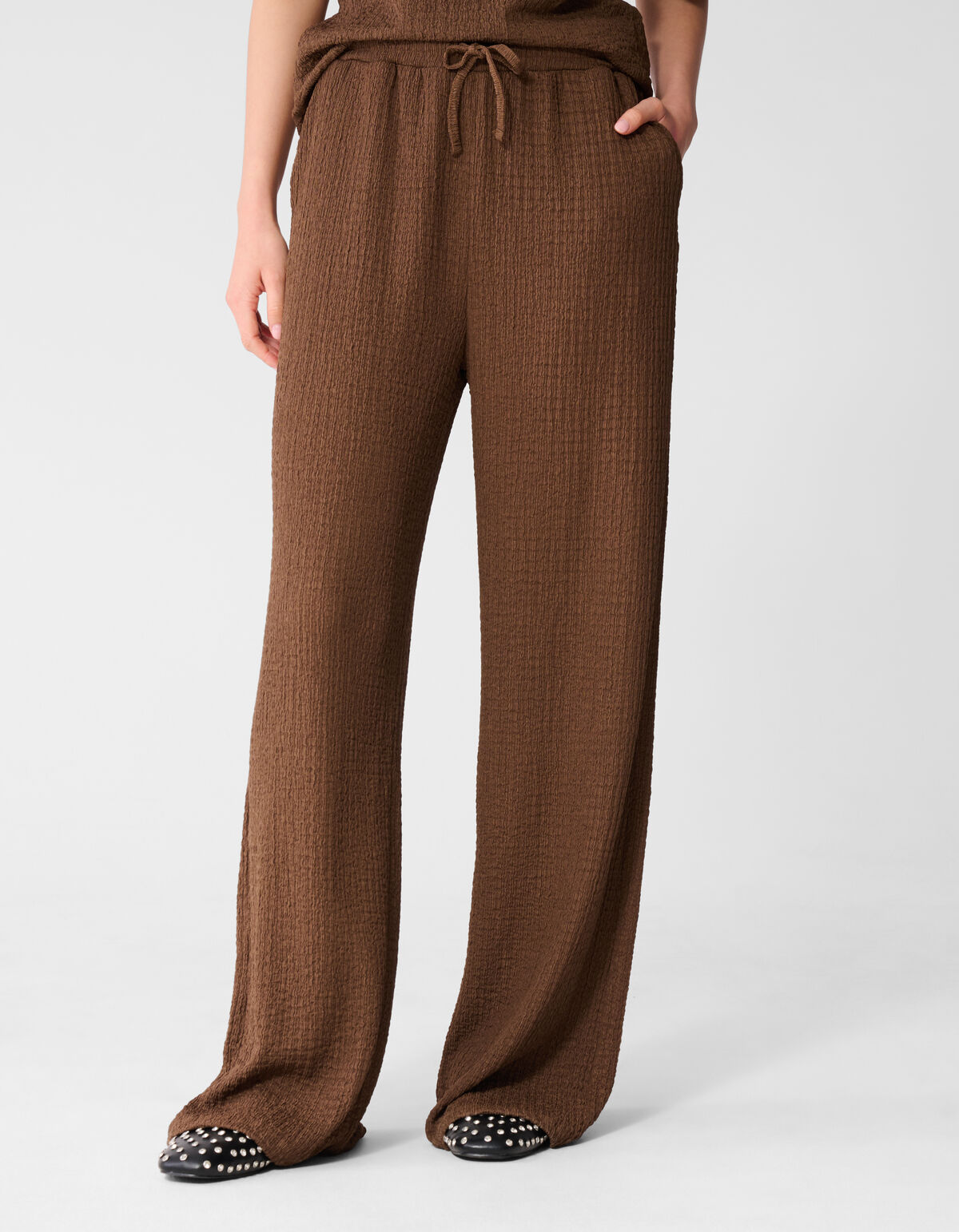 Crinkle Wide Leg Fit Broek Bruin SHOEBY WOMEN