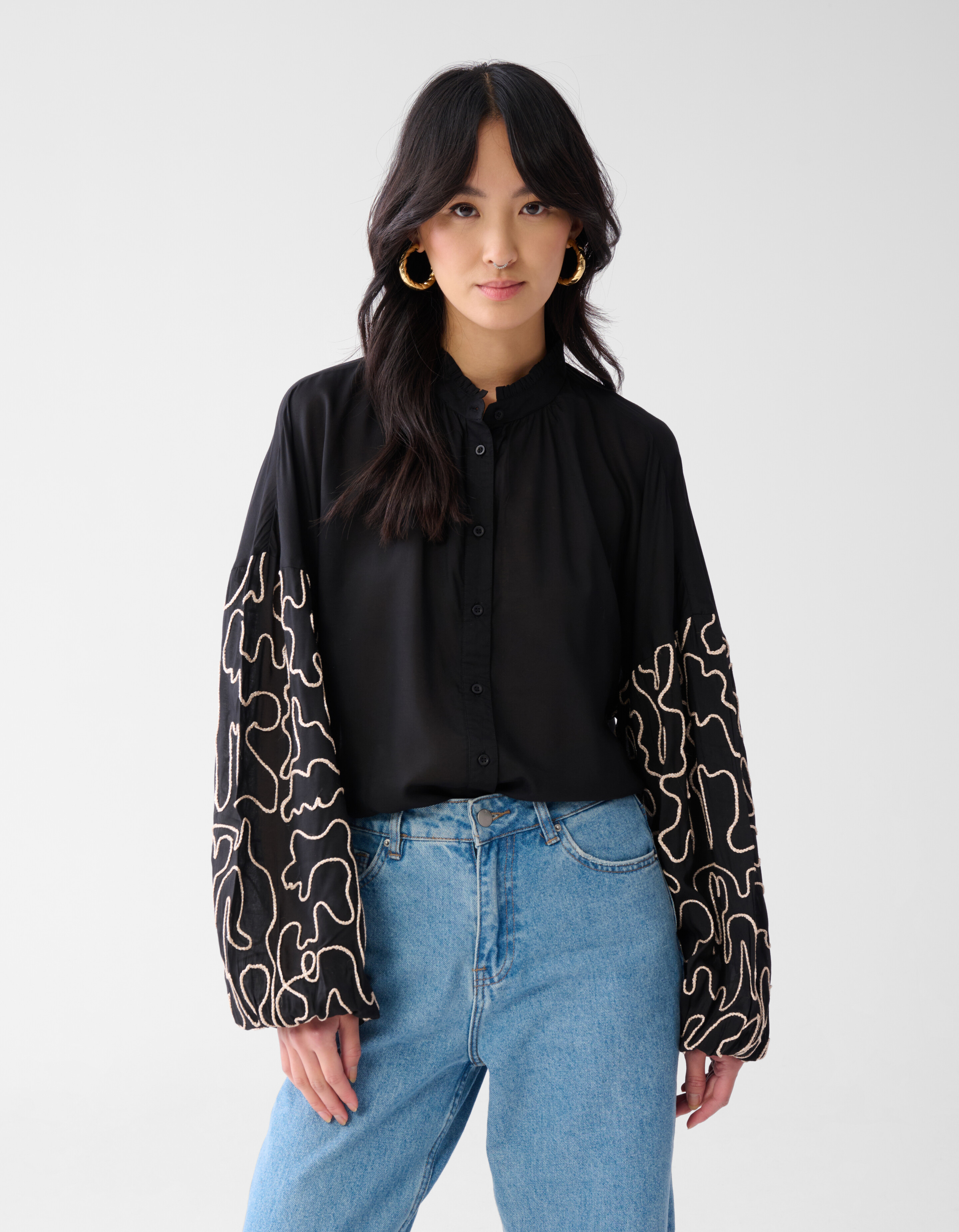 Cord Sleeve Blouse Zwart SHOEBY WOMEN