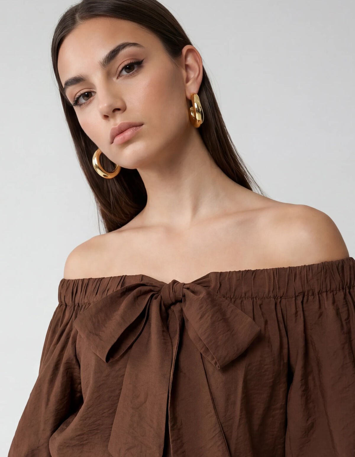 Off Shoulder Strik Blouse Donkerbruin SHOEBY WOMEN