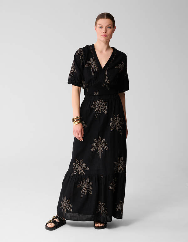 Palm Embroidery Maxi Rok Zwart SHOEBY WOMEN