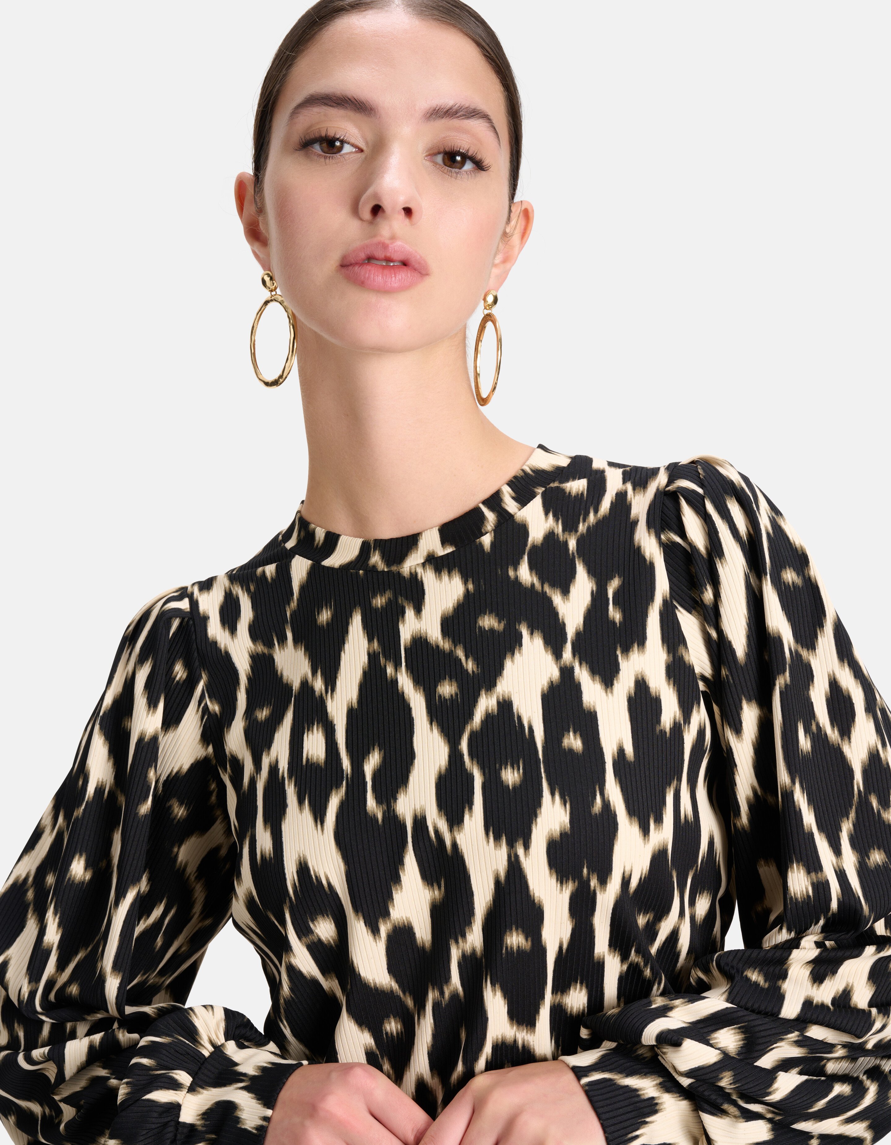 Leopard Rib T-shirt Lange Mouwen Offwhite SHOEBY WOMEN