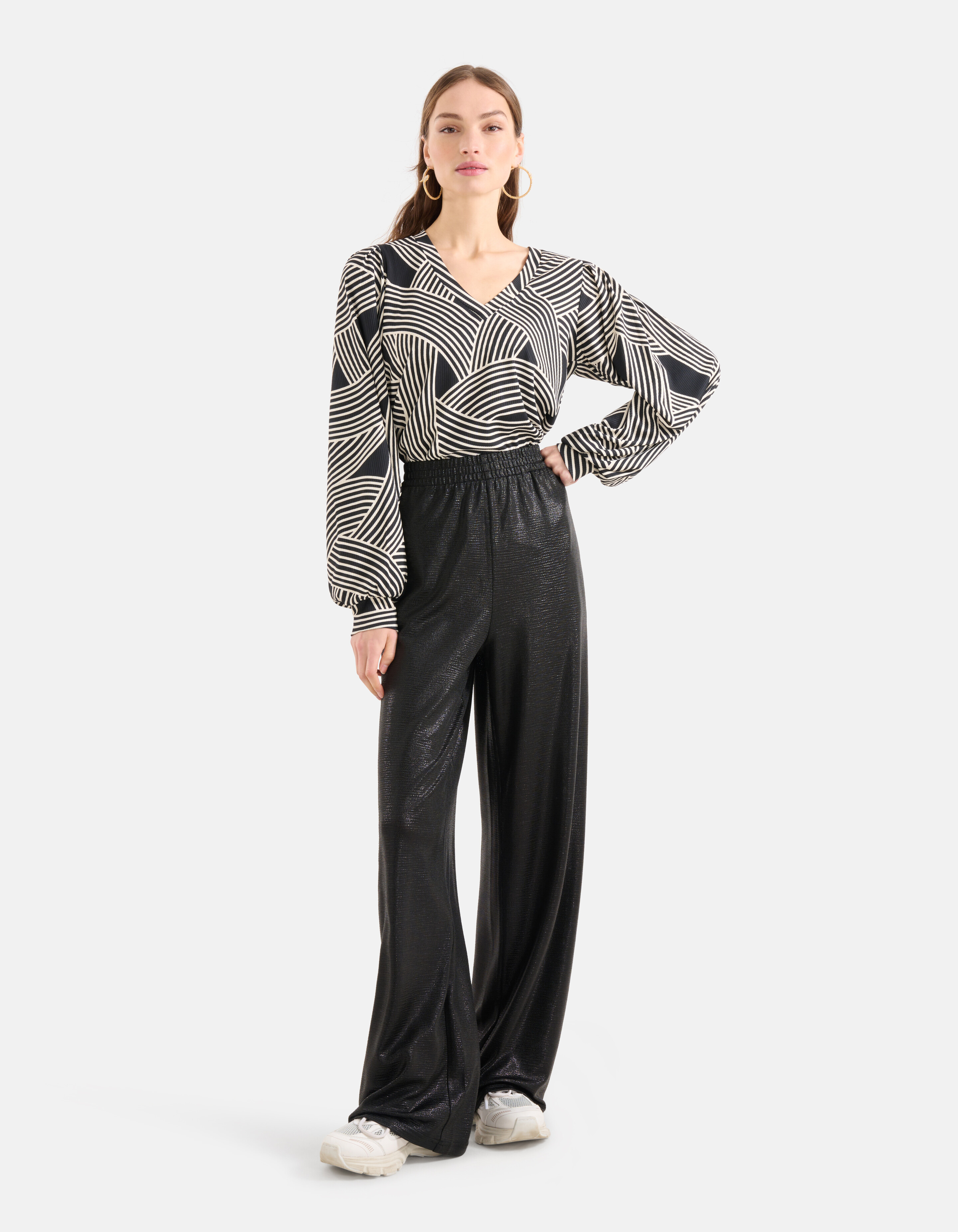 Printed Rib Jersey V-hals Longsleeve Zwart SHOEBY WOMEN