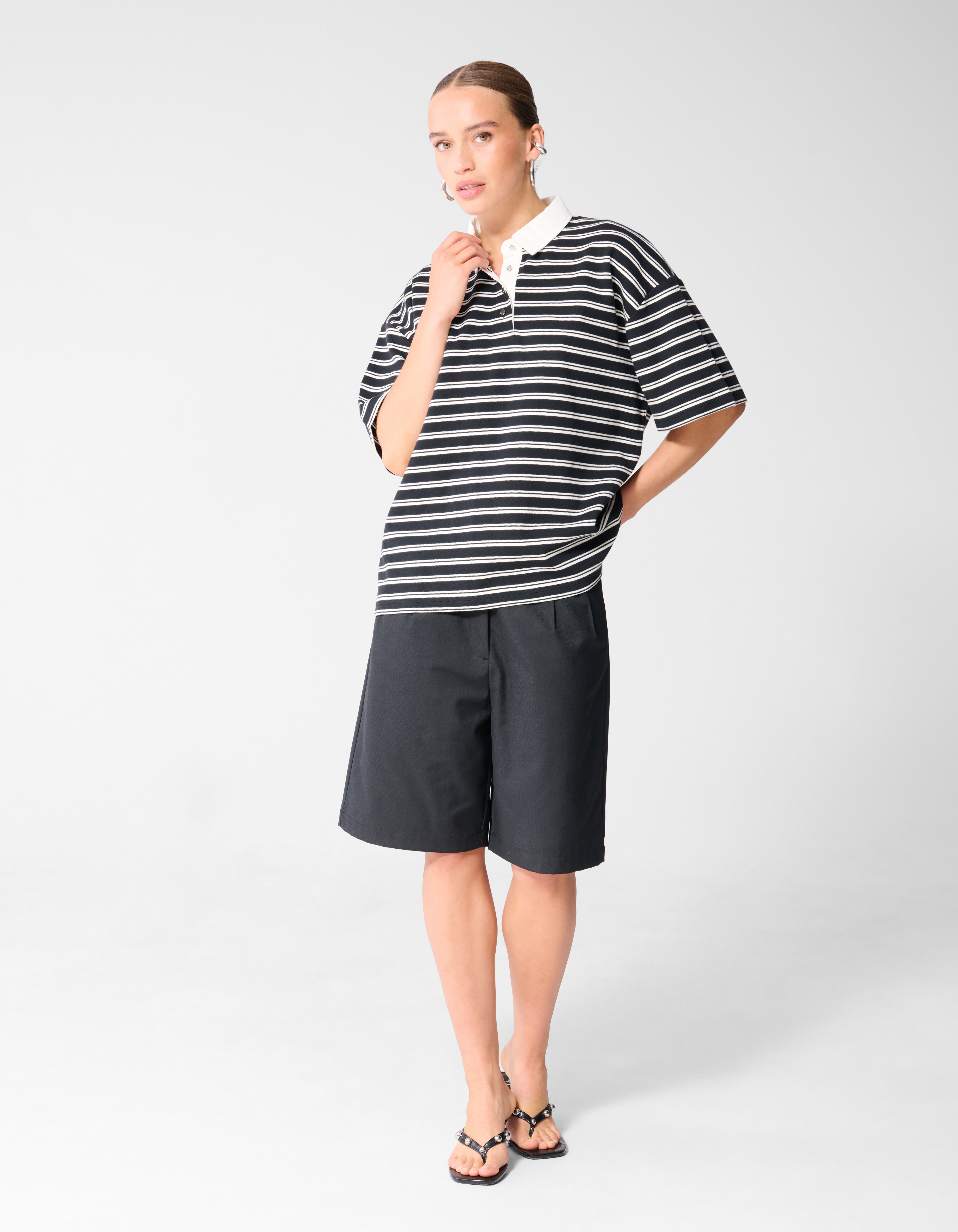 Oversized Stripe Short Sleeve Polo Zwart | Shoeby